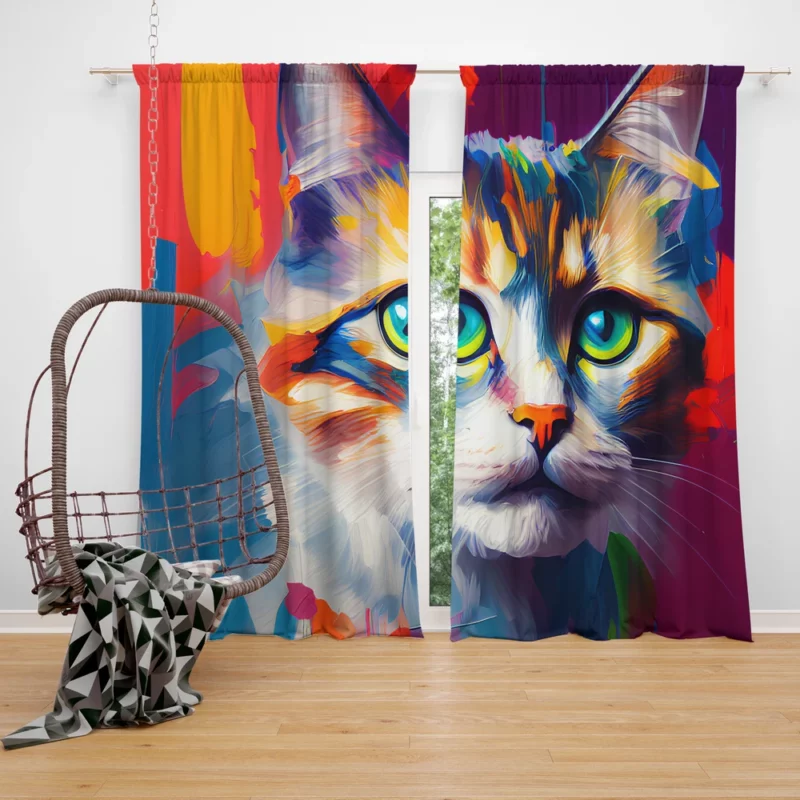 Green-eyed Cat on Blue-Orange Window Curtain