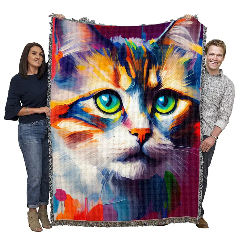 Green eyed Cat on Blue Orange Woven Blanket