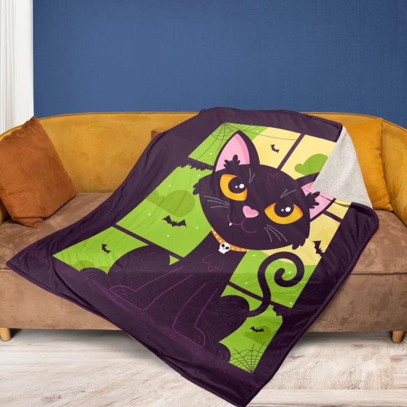 Hand-Drawn Flat Halloween Cat Fleece Blanket 1