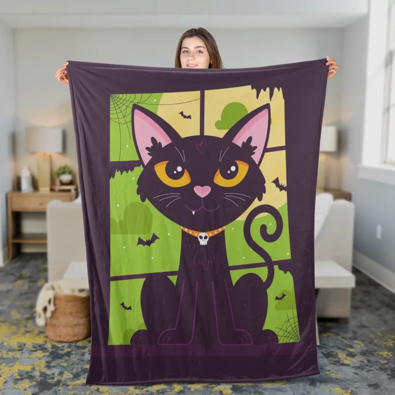Hand-Drawn Flat Halloween Cat Fleece Blanket 2