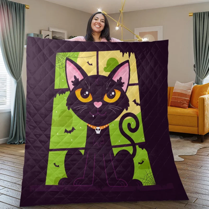 Hand-Drawn Flat Halloween Cat Quilt Blanket