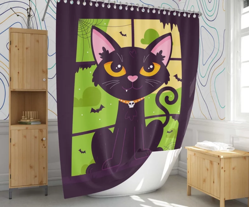 Hand-Drawn Flat Halloween Cat Shower Curtain 1
