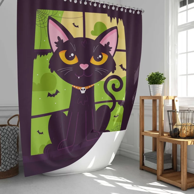 Hand-Drawn Flat Halloween Cat Shower Curtain