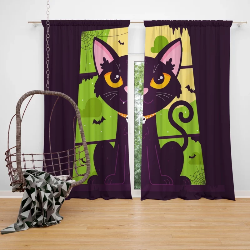 Hand-Drawn Flat Halloween Cat Window Curtain