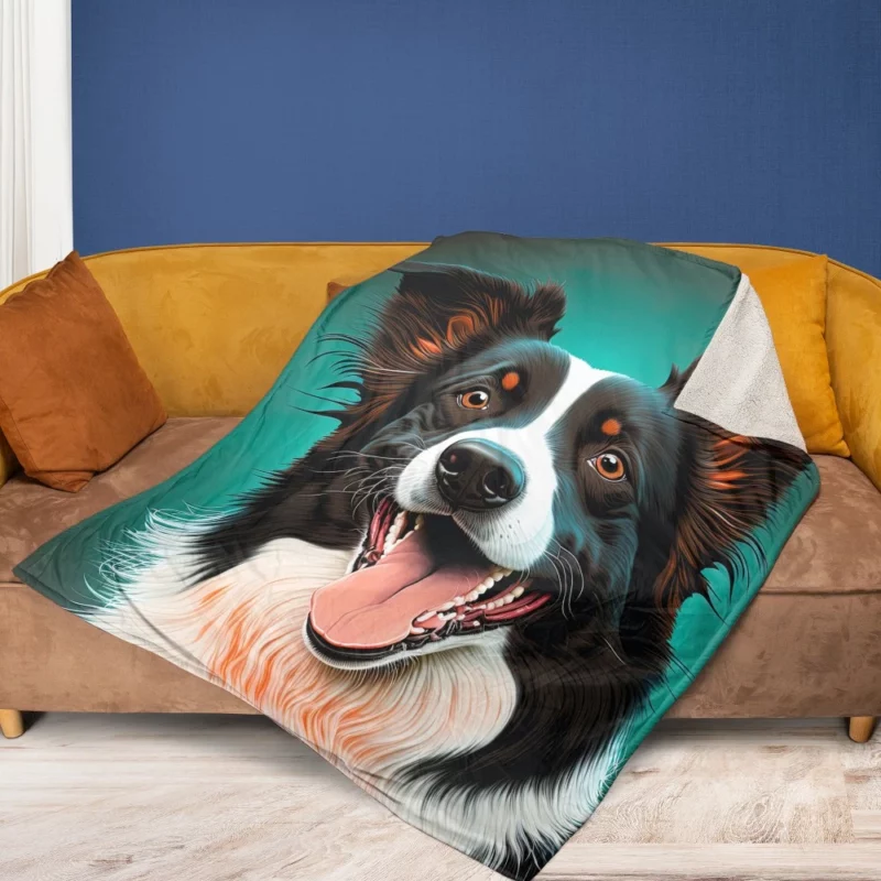 Happy Border Collie Portrait Print Fleece Blanket 1