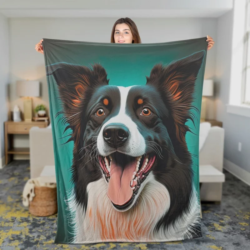 Happy Border Collie Portrait Print Fleece Blanket 2