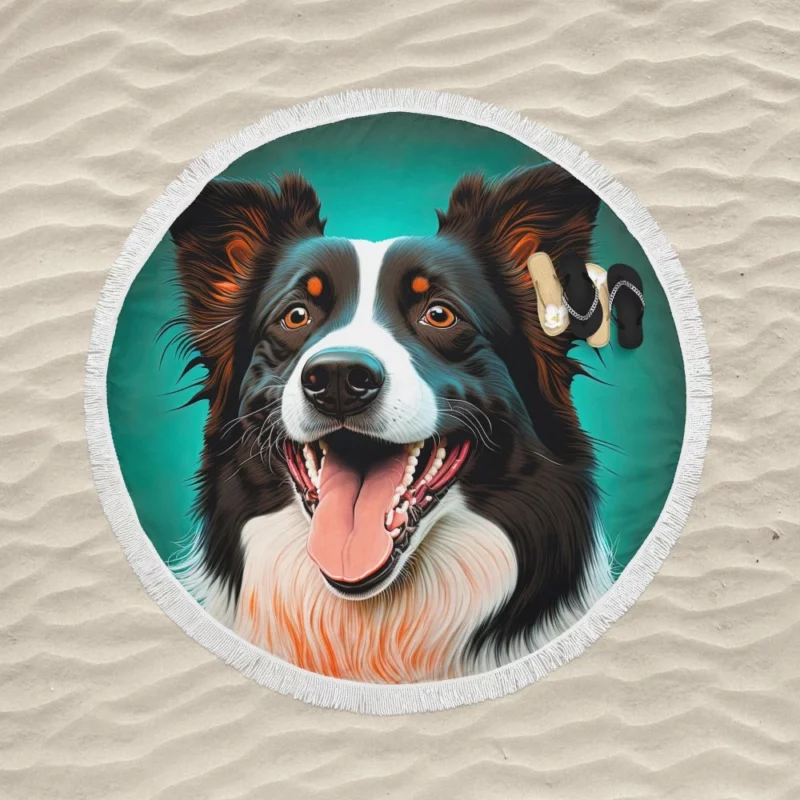 Happy Border Collie Portrait Print Round Beach Towel