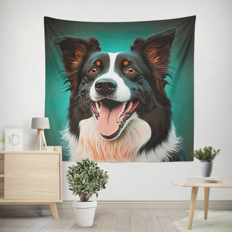 Happy Border Collie Portrait Print Wall Tapestry