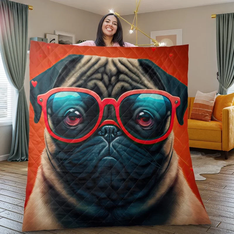 Heart Sunglasses Pug Print Quilt Blanket