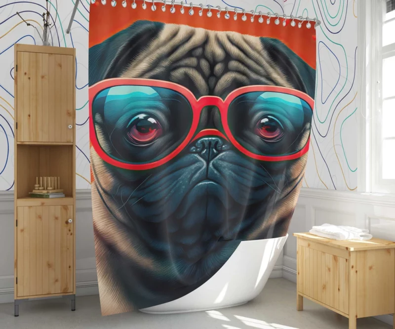 Heart Sunglasses Pug Print Shower Curtain 1