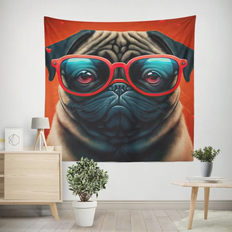Heart Sunglasses Pug Print Wall Tapestry