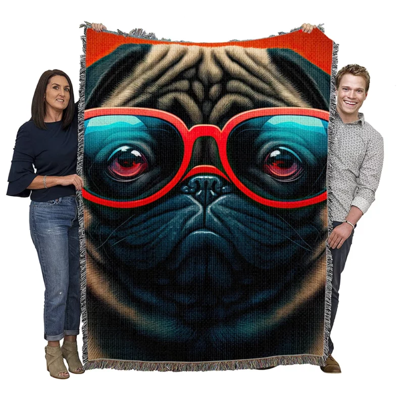 Heart Sunglasses Pug Print Woven Blanket