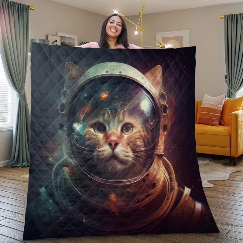 Helmet-Wearing Space Suit Cat Quilt Blanket