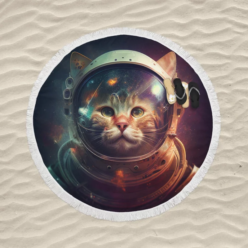 Helmet-Wearing Space Suit Cat Round Beach Towel