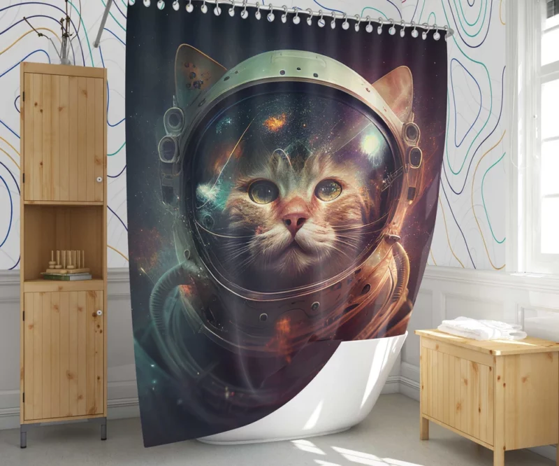 Helmet-Wearing Space Suit Cat Shower Curtain 1