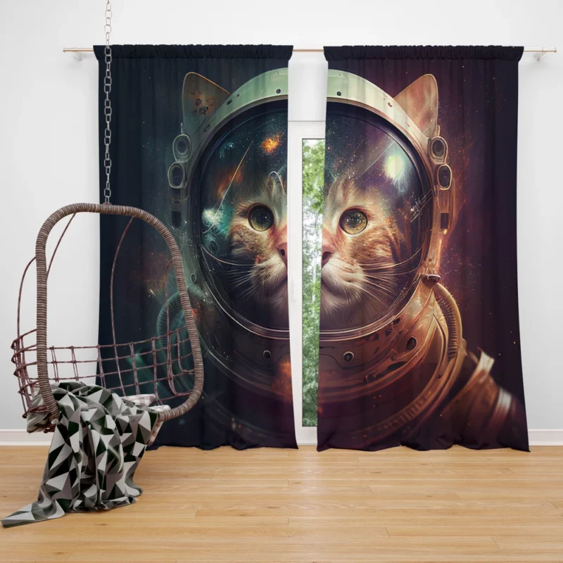 Helmet-Wearing Space Suit Cat Window Curtain