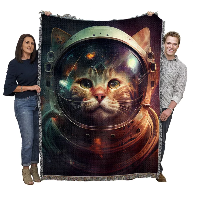 Helmet Wearing Space Suit Cat Woven Blanket