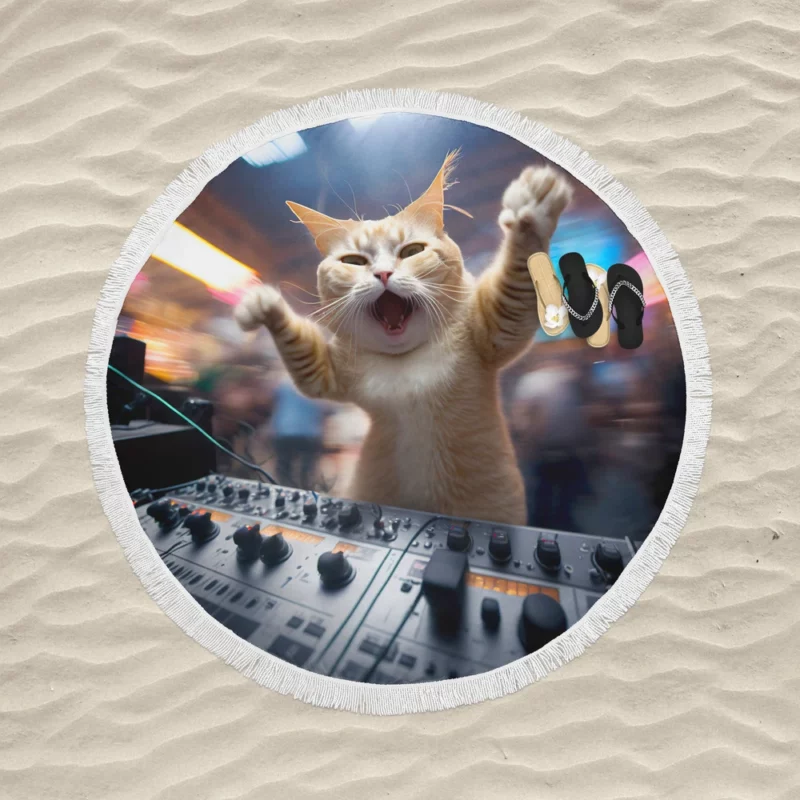 Hero Cat DJ Makes Crowd Go Crazy Round Beach Towel