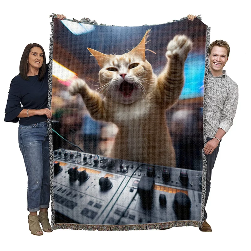 Hero Cat DJ Makes Crowd Go Crazy Woven Blanket