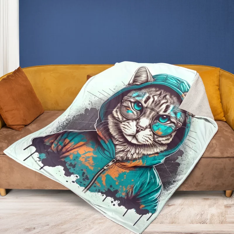 Hipster Pop Art Cat Illustration Fleece Blanket 1