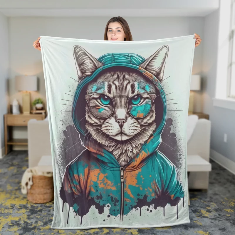 Hipster Pop Art Cat Illustration Fleece Blanket 2