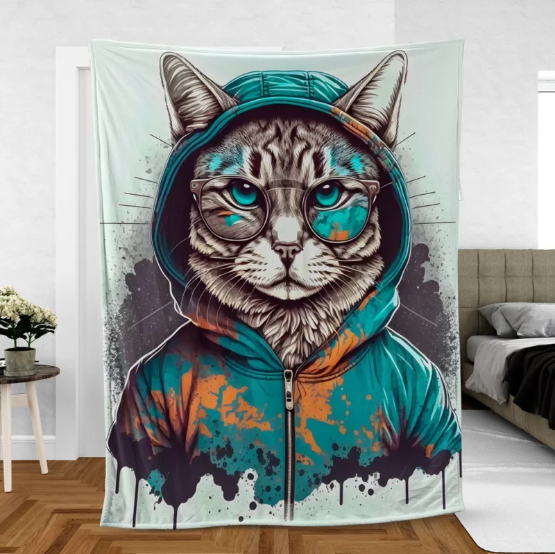 Hipster Pop Art Cat Illustration Fleece Blanket