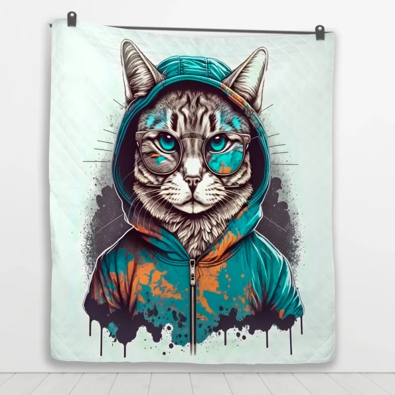 Hipster Pop Art Cat Illustration Quilt Blanket 1