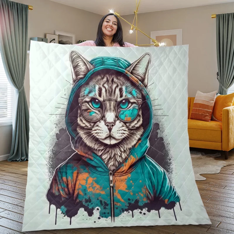 Hipster Pop Art Cat Illustration Quilt Blanket