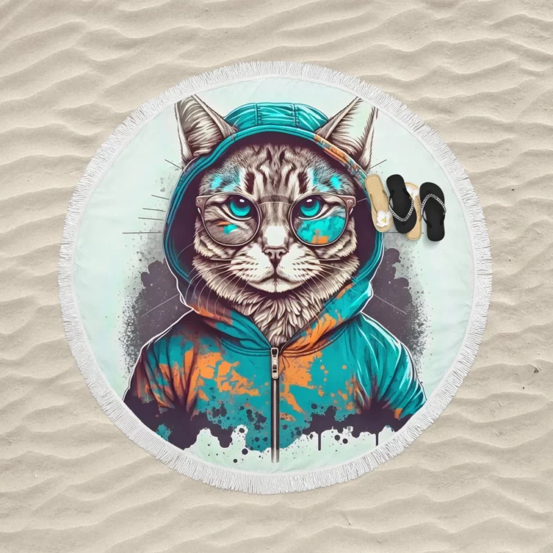 Hipster Pop Art Cat Illustration Round Beach Towel