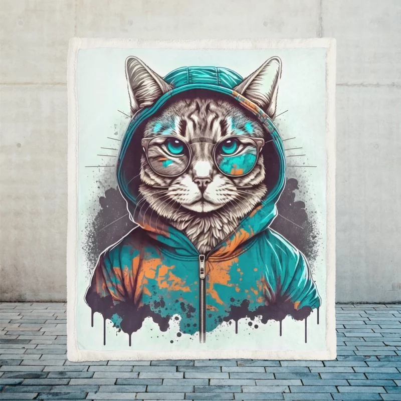 Hipster Pop Art Cat Illustration Sherpa Fleece Blanket