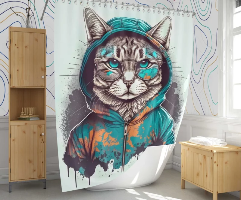 Hipster Pop Art Cat Illustration Shower Curtain 1