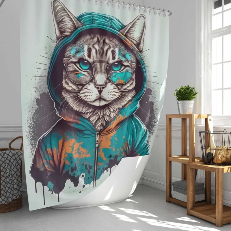 Hipster Pop Art Cat Illustration Shower Curtain