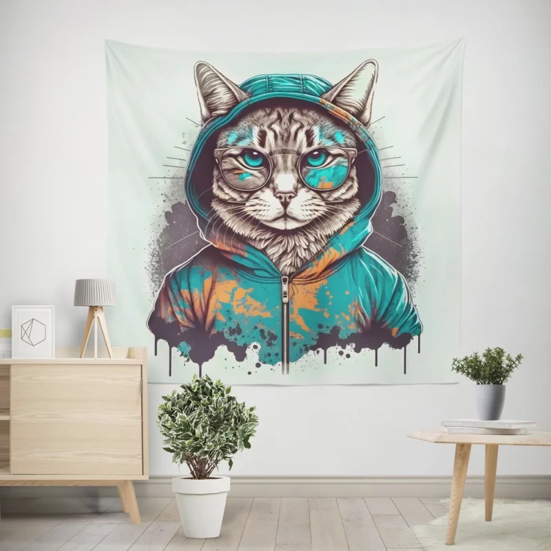 Hipster Pop Art Cat Illustration Wall Tapestry