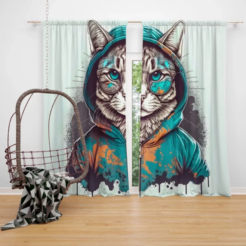 Hipster Pop Art Cat Illustration Window Curtain