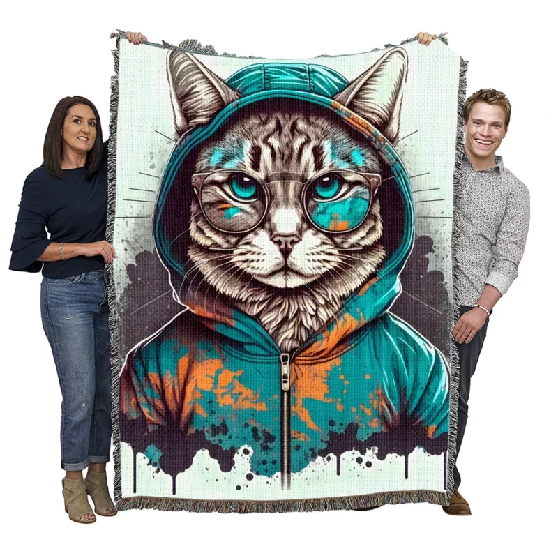 Hipster Pop Art Cat Illustration Woven Blanket