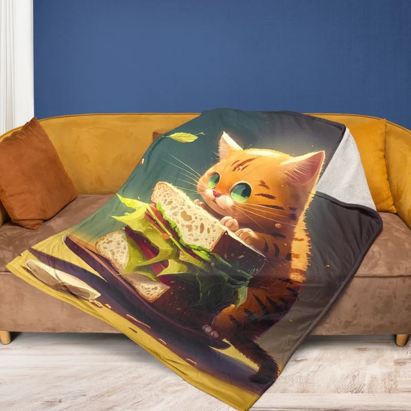 Hungry Cat with Big Sandwich Fleece Blanket 1