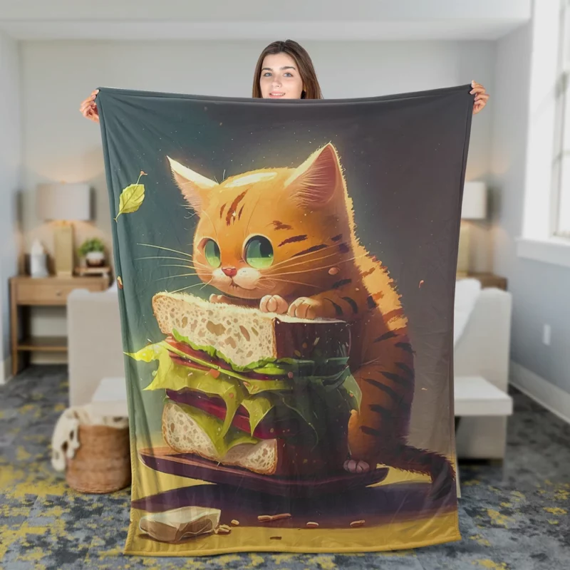 Hungry Cat with Big Sandwich Fleece Blanket 2