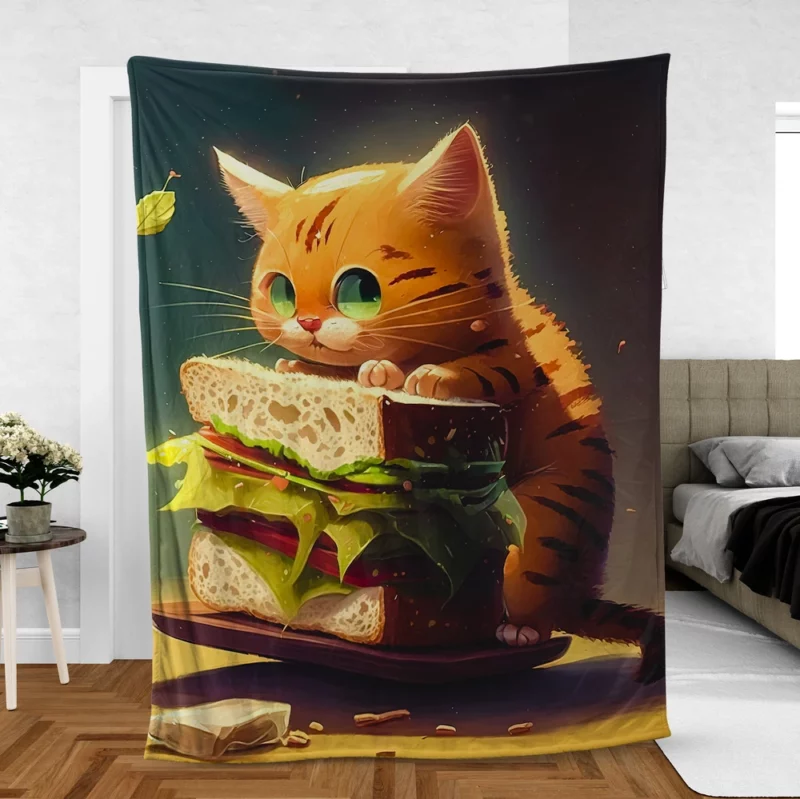 Hungry Cat with Big Sandwich Fleece Blanket