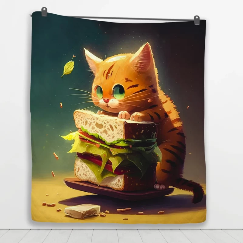 Hungry Cat with Big Sandwich Quilt Blanket 1