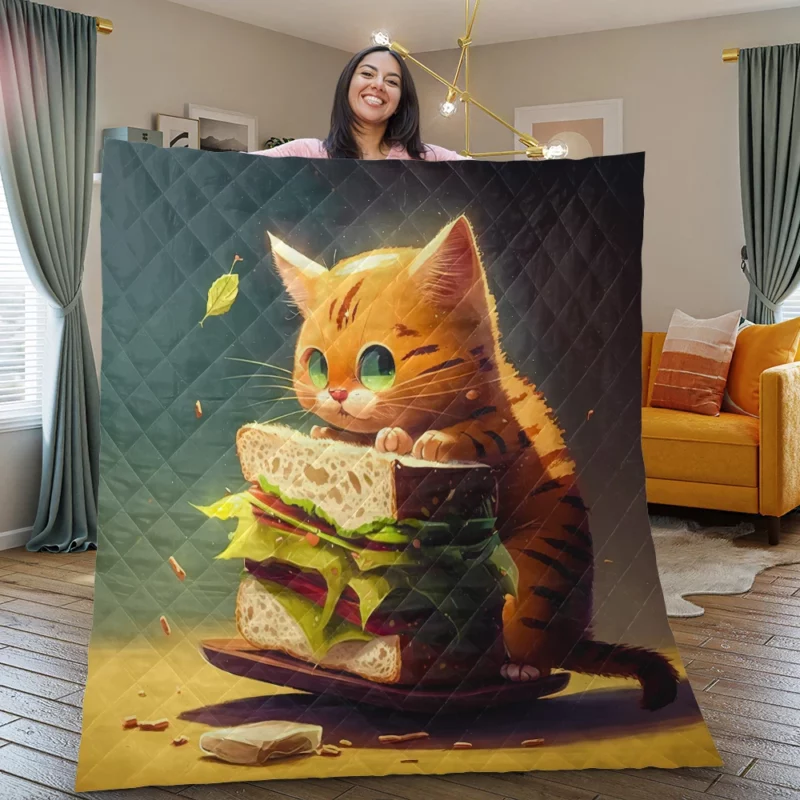 Hungry Cat with Big Sandwich Quilt Blanket