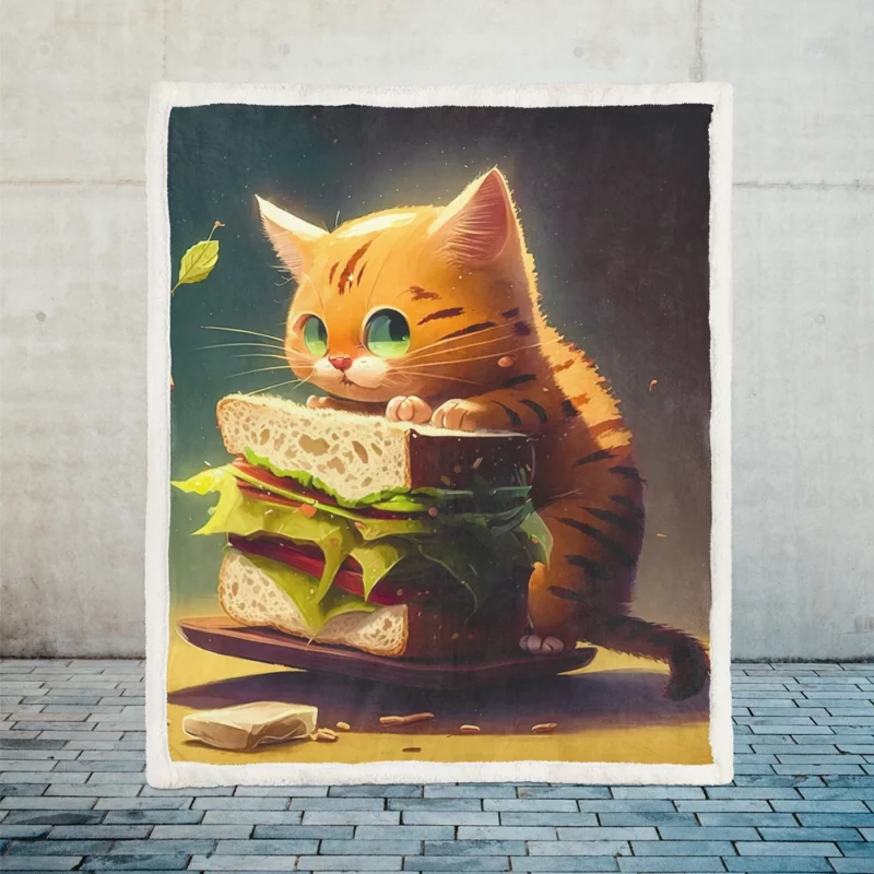 Hungry Cat with Big Sandwich Sherpa Fleece Blanket