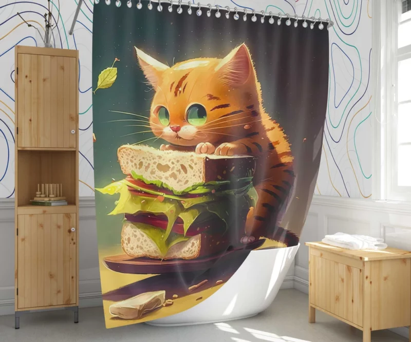 Hungry Cat with Big Sandwich Shower Curtain 1