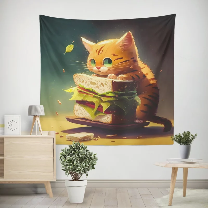 Hungry Cat with Big Sandwich Wall Tapestry