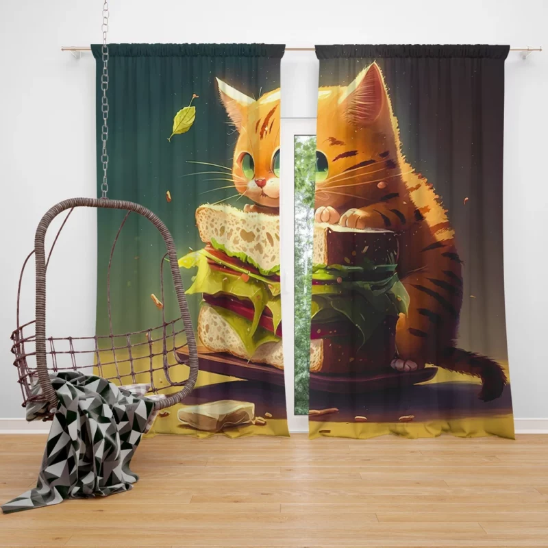 Hungry Cat with Big Sandwich Window Curtain