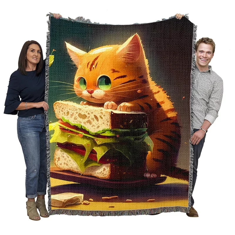 Hungry Cat with Big Sandwich Woven Blanket