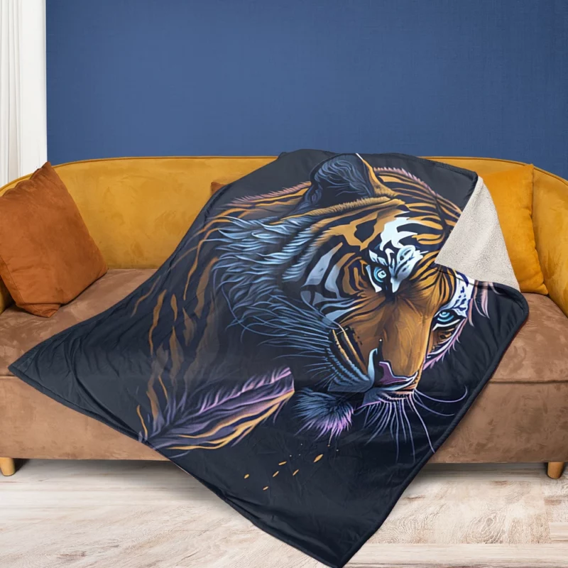Intense Blue-Eyed Tiger Illustration Fleece Blanket 1