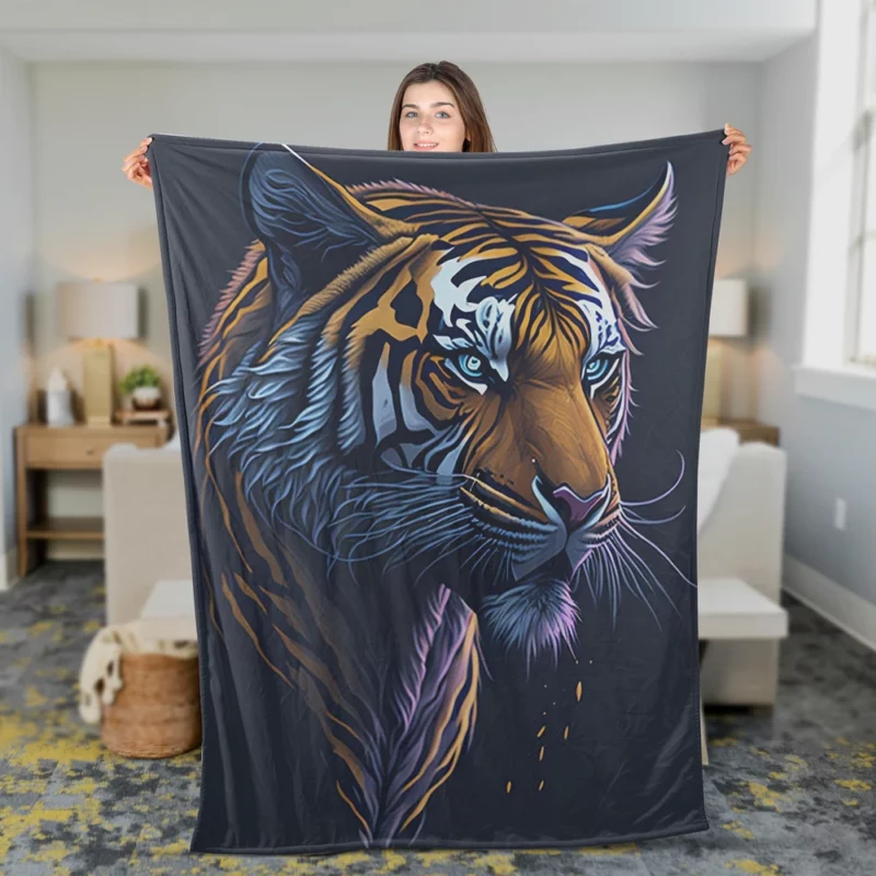 Intense Blue-Eyed Tiger Illustration Fleece Blanket 2