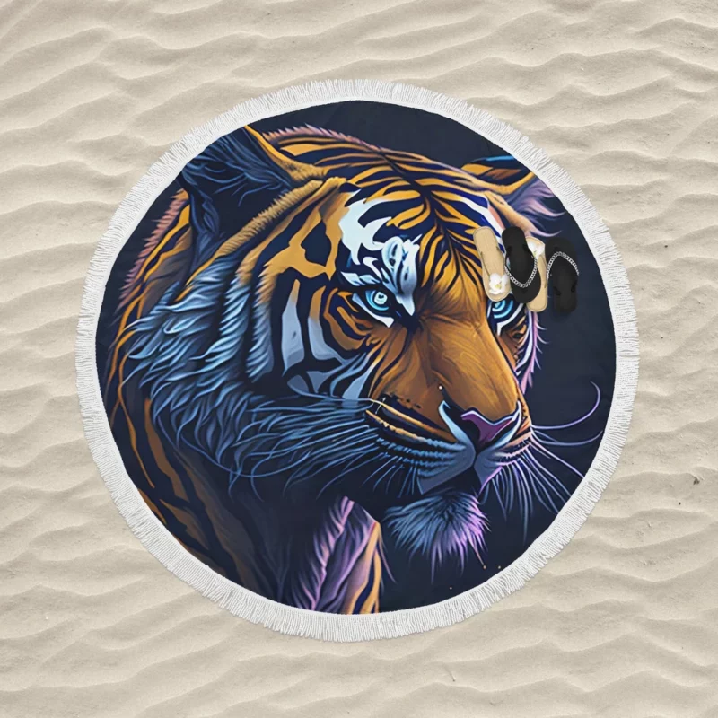 Intense Blue-Eyed Tiger Illustration Round Beach Towel