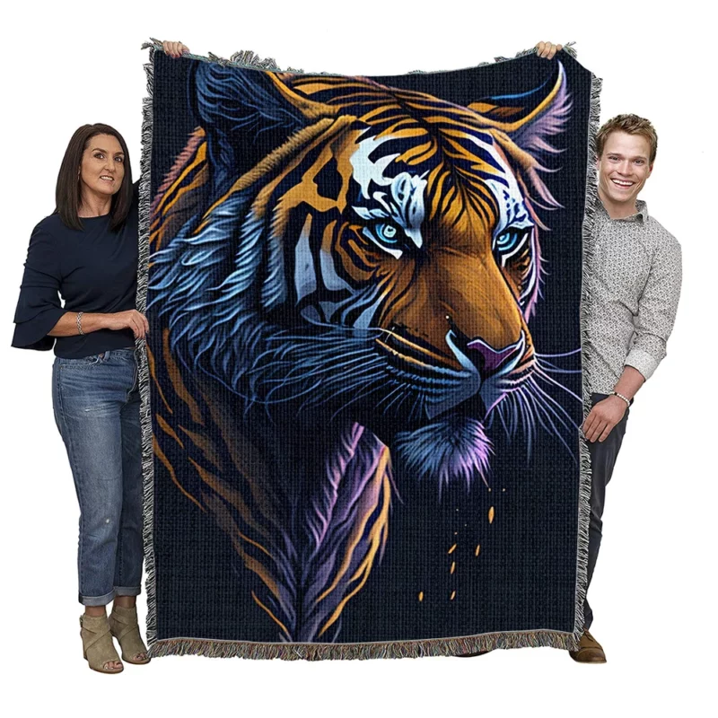 Intense Blue Eyed Tiger Illustration Woven Blanket