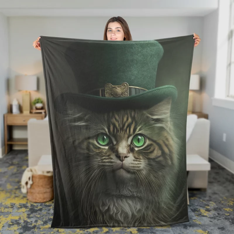 Irish Green Hat Cat for St Patrick's Day Fleece Blanket 2